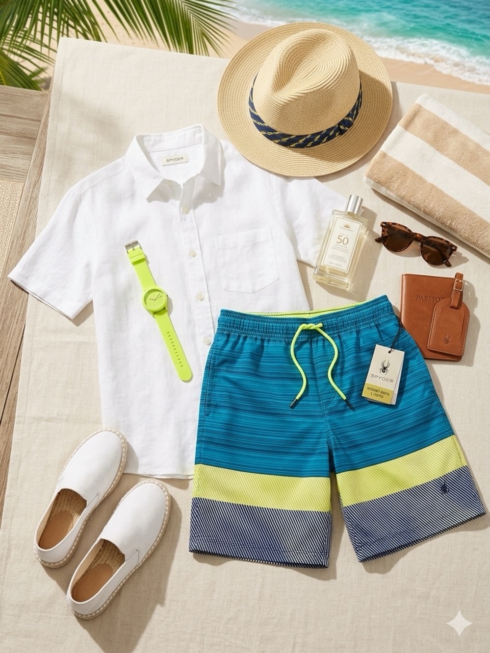 Resort Wear | Spyder Boys Swim Trunks Large 10/12 Blue Neon Stripe Shorts